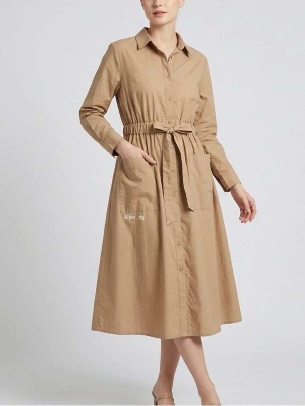 Oak + Fort Beige 100% Cotton Poplin Shirt Dress Midi A-Line Minimalist Small